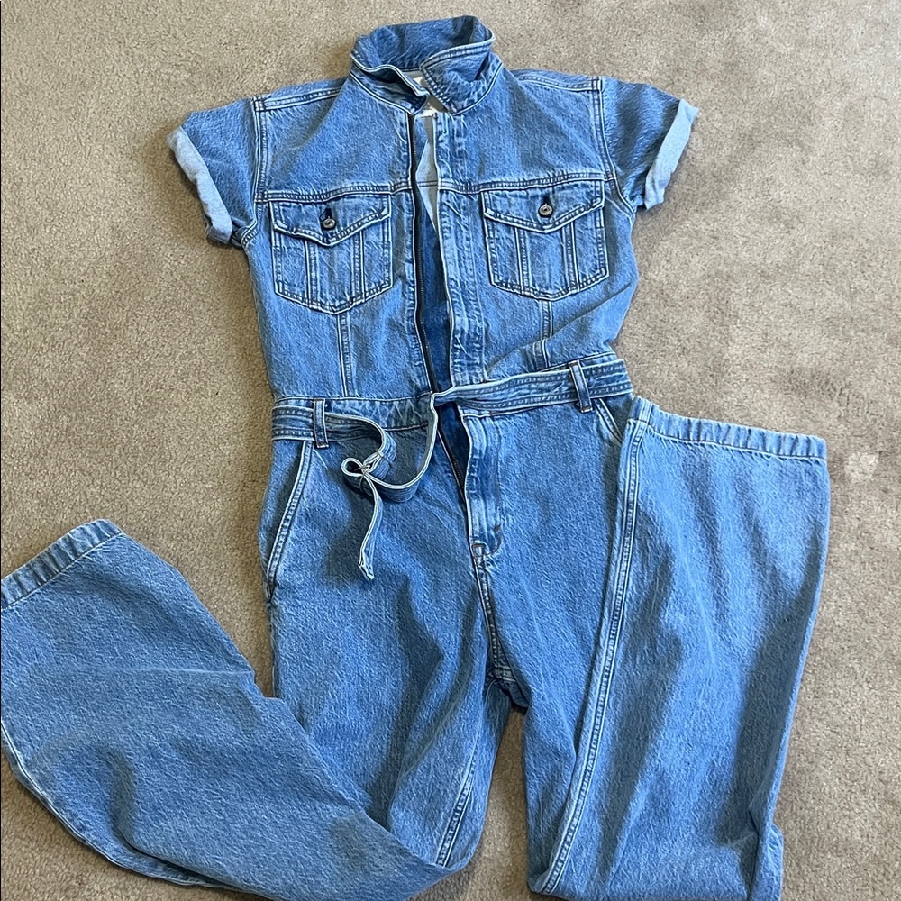 Abercrombie & Fitch 90s Relaxed Cinched Waist Blue Denim Jumpsuit Small (Tall)